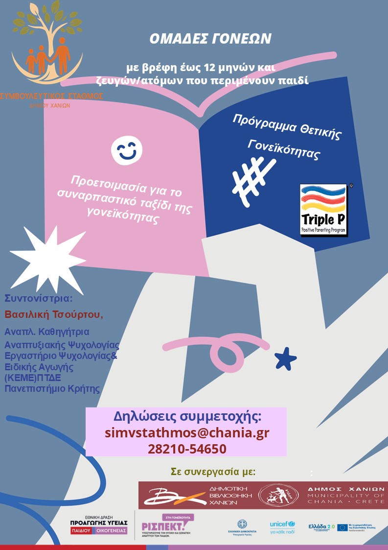 Πρόσκληση για συμμετοχή γονέων σε βιωματικά σεμινάρια: Σε συνεργασία με τον Συμβουλευτικό Σταθμό της Διεύθυνσης Κοινωνικής Προστασίας του Δήμου Χανίων