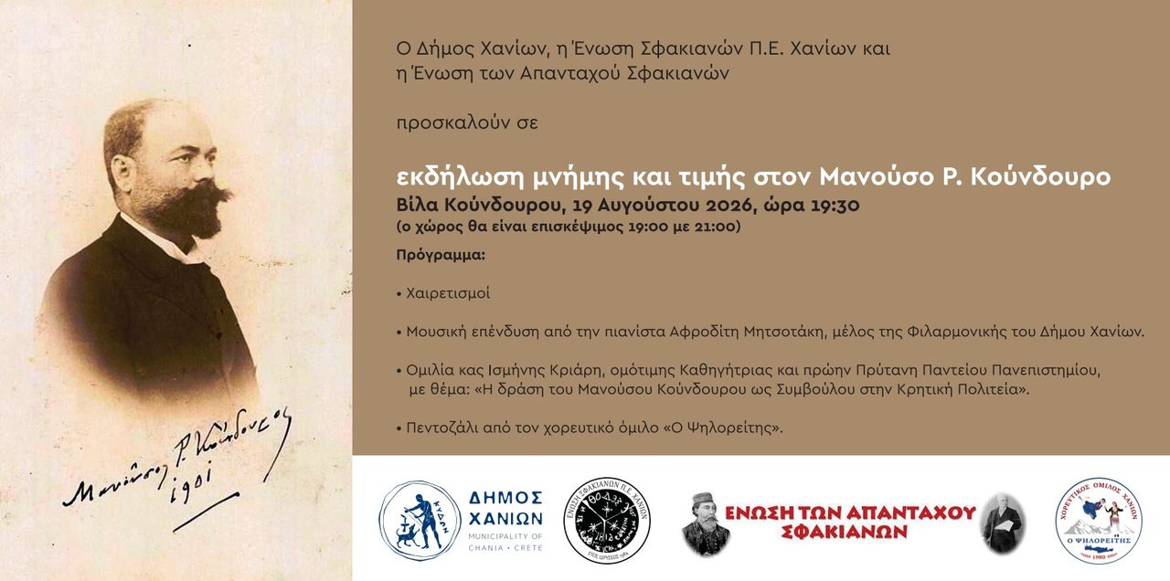 Εκδήλωση μνήμης και τιμής στον Μανούσο Ρ. Κούνδουρο : Σήμερα, Τετάρτη 19 Αυγούστου, στη Βίλα Κούνδουρου